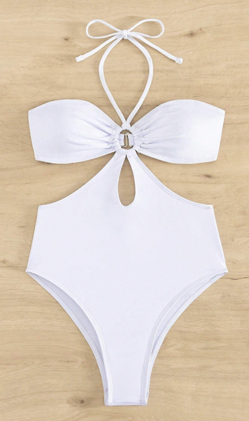 Monokini Solid Color Cut Out Design Halter Neck Swimsuit White