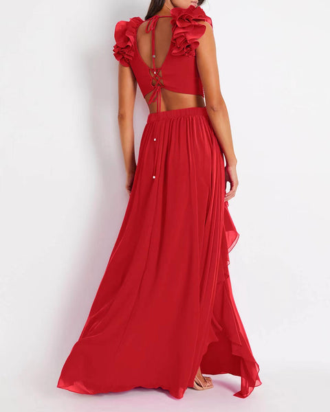 Red Solid Ruffle One Piece Swimsuit With Beach Skirt