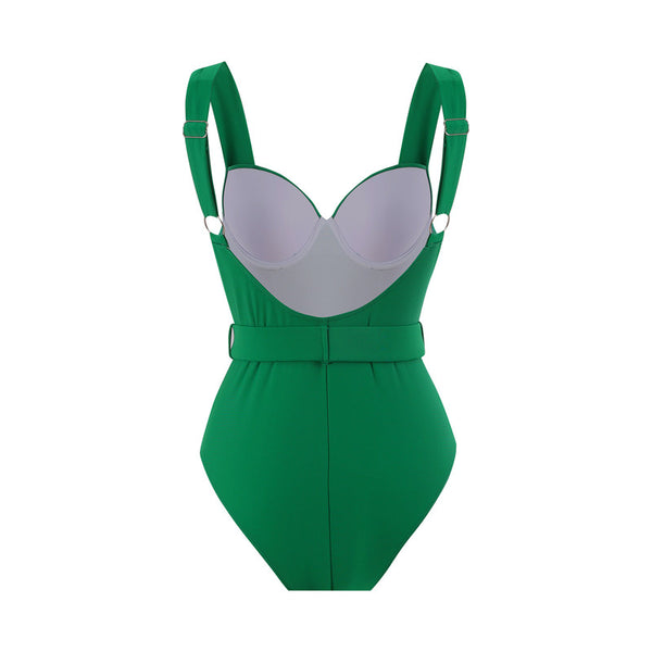 Solid Metal Ring with Strap Décor One Piece Swimsuit Green