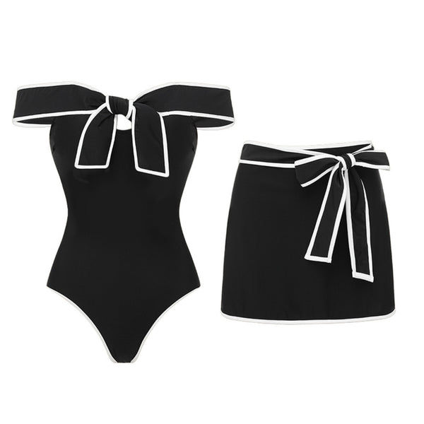 Black Solid Off Shoulder One Piece Swimsuit With Beach Skirt Set