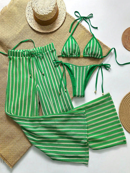 Green Stripes Triangle Bikini Set With Beach Pants