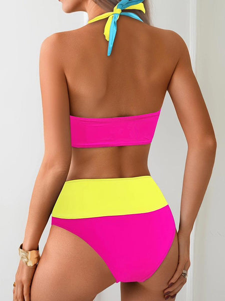 Solid Color Block Halter Neck Two piece Swimsuit Multicolor