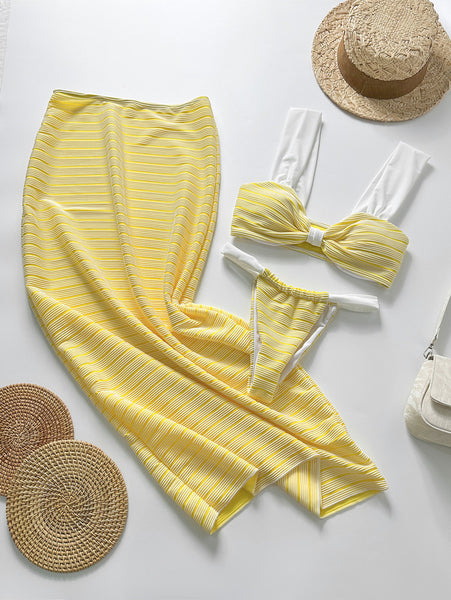 Yellow Solid Thong Bikini Set Beach Skirt