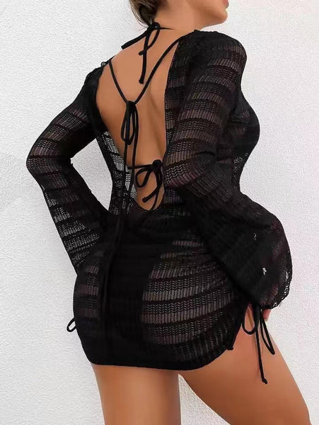 Drawstring Long Sleeve Hollow Out Backless Bikini Set Black