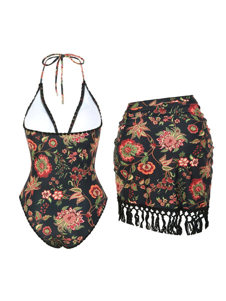 Black Floral Halter One Piece Swimsuit With Sarong