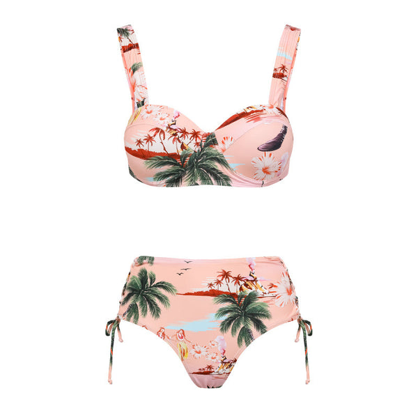 Light Pink Tropical Underwire Bikini Set With Sarong Beach Skirt