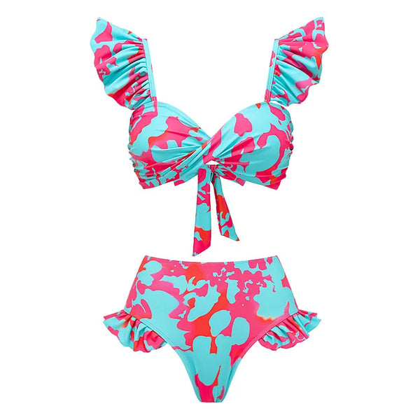 Random Print Shoulder Straps Two Pieces Bikini Swimsuit Multicolor