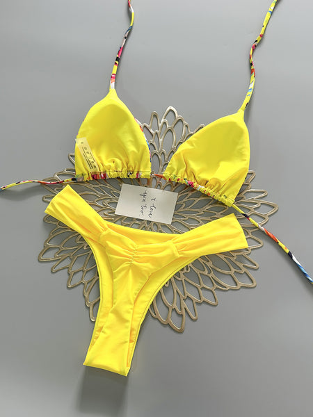 Yellow Fruit Print Halter Bikini Set
