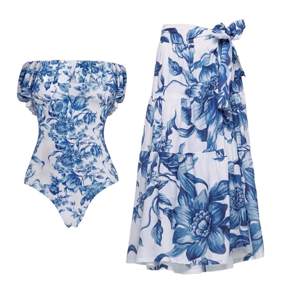Blue Floral Off Shoulder One Piece Swimsuit With Sarong