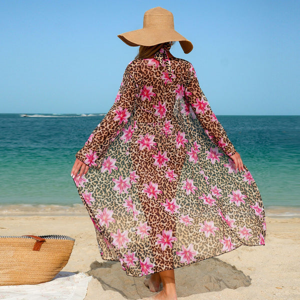 Brown Animal Print Halter Bikini Set With Long Sleeve Shrug Cover Up