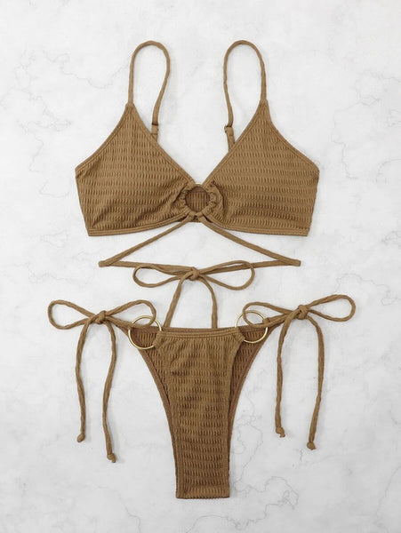 Solid V Neck Spaghetti Straps Ring-Linked Tie Side High Cut Two Pieces Swimsuit Light Brown