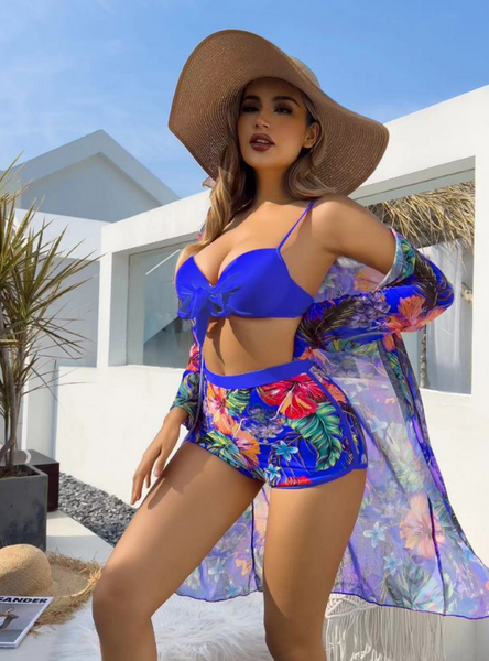 Tropical Print Underwire Bikini Swimsuit With Kimono Blue