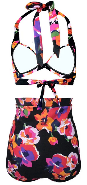 High Waist Halter Bikinis Swimsuit Black Orange