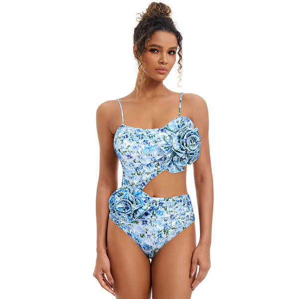 Floral Print Flower Décor Shoulder Straps One-Piece Swimsuit with Sarong Blue