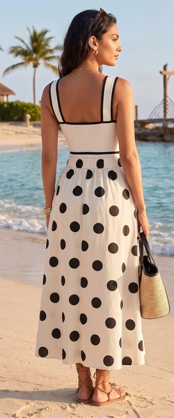 White Polka Dots One Piece Swimsuit With Beach Skirt