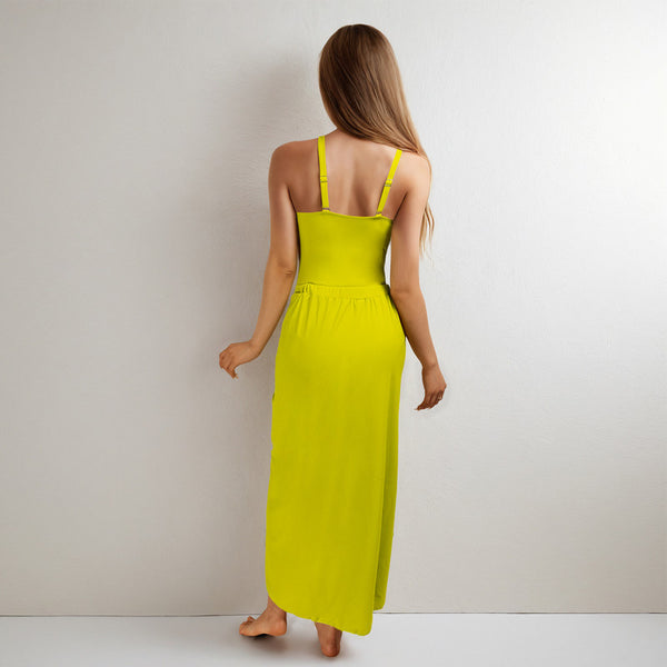 Solid Shoulder Strap Flower Décor One Piece Swimsuit with Skirt Green