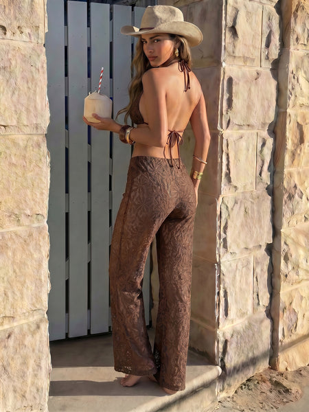 Dark Brown Mesh Print Halter Bikini Set With Beach Pants