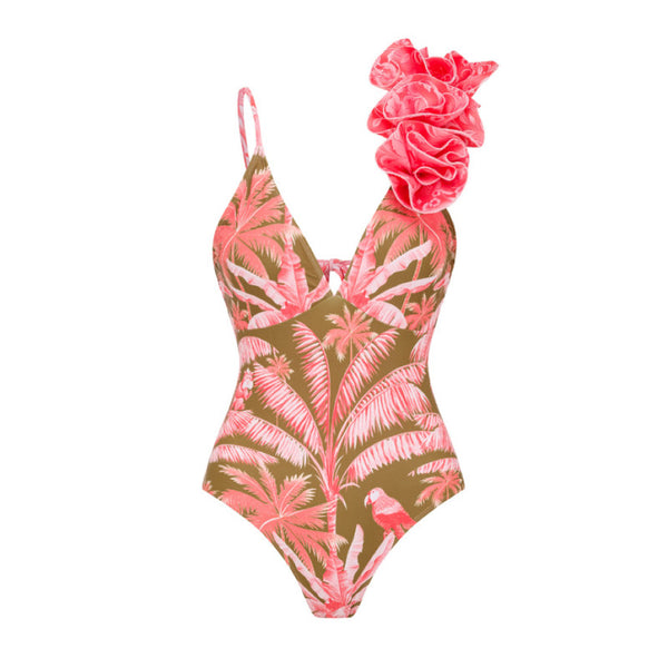 Tropical Print V-neck Flower Decor One Piece Swimsuit With Skirt Pink
