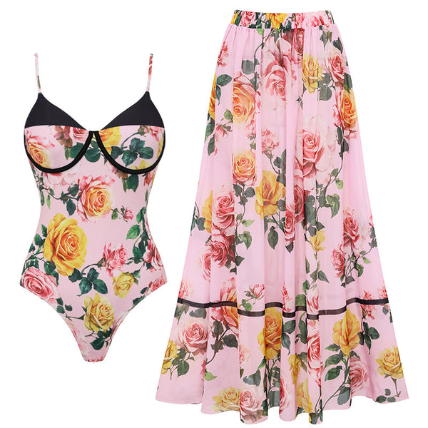 Light Pink Floral Underwire One Piece Swimsuit With Beach Skirt