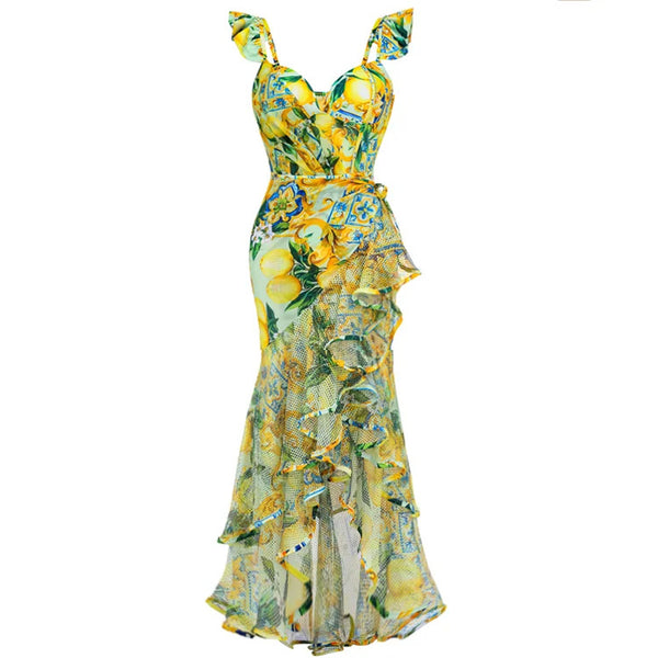Yellow Fruit Print Underwire One Piece Swimsuit With Sarong