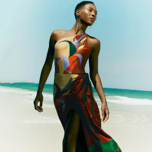 Multicolor Tropical One Shoulder One Piece Swimsuit With Sarong