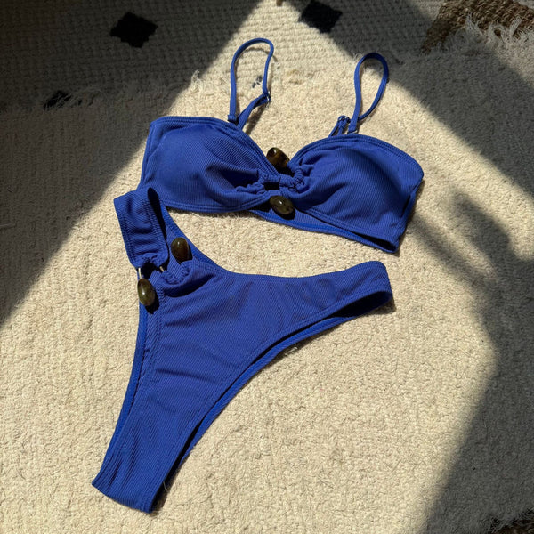 Solid Spaghetti Straps Front Side Metal Hook Bikini Swimsuit Blue