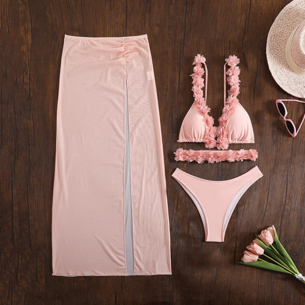 Solid Flower Décor Shoulder Straps Four Piece Bikini Swimsuit Pink