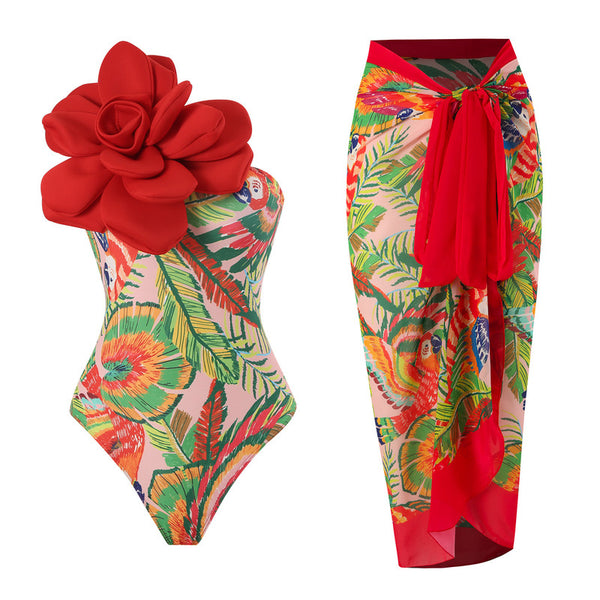 Red Tropical One Shoulder One Piece Swimsuit With Sarong