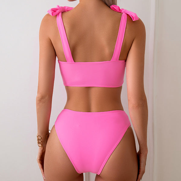 Ruched Tied Three-Piece Bikini Set Pink