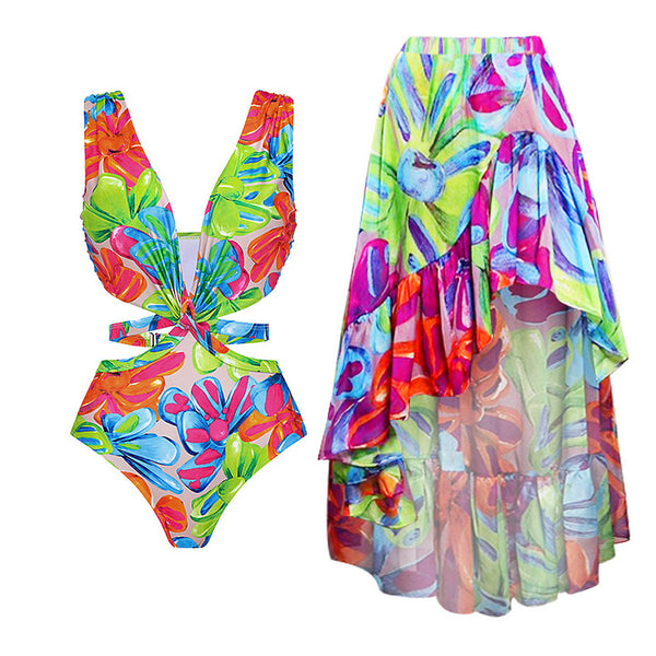 Multicolor Floral Deep V One Piece Swimsuit With Beach Skirt