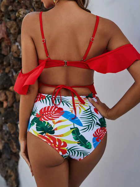 Chest Cross Ruffles Split Floral High Waist Swimsuit Red