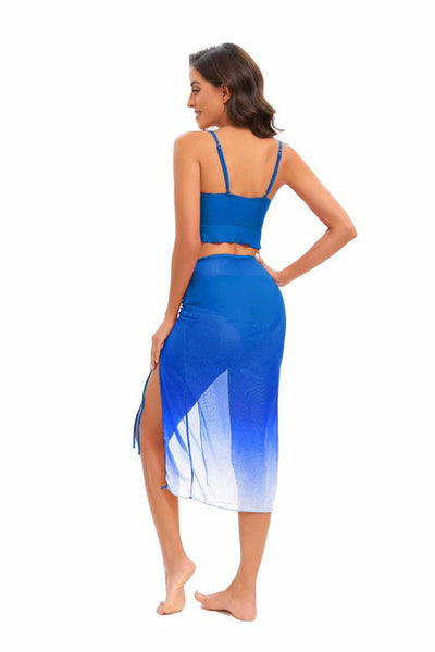 Gradient Colored Bikini Set With Front Knot Detail And Mesh Cover Up Blue