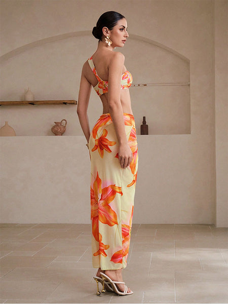Orange Floral One Shoulder Bikini Set With Maxi Cover Up
