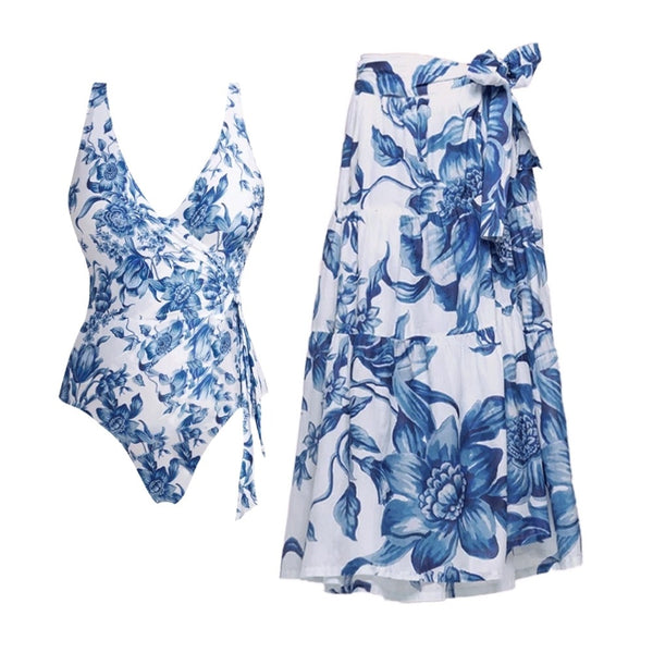 Blue Floral One Piece Swimsuit With Sarong