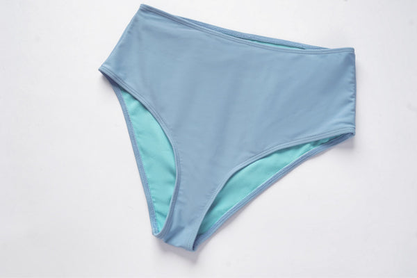 Solid Ruffle Shoulder Straps Two Piece High Waist Swimsuit Light Blue