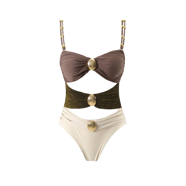 One Piece Swimsuit with Beach Cover up Wrap Skirt Brown