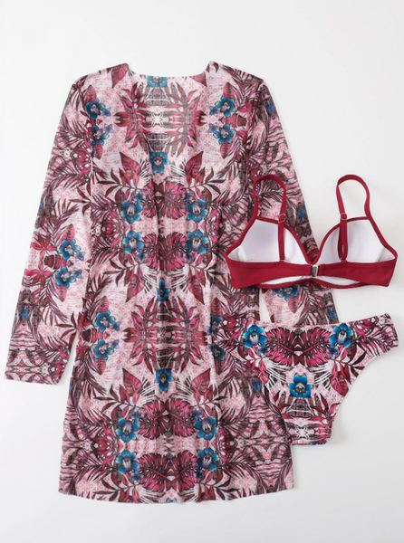 Tropical Print Push Up Bikini Swimsuit With Kimono Maroon