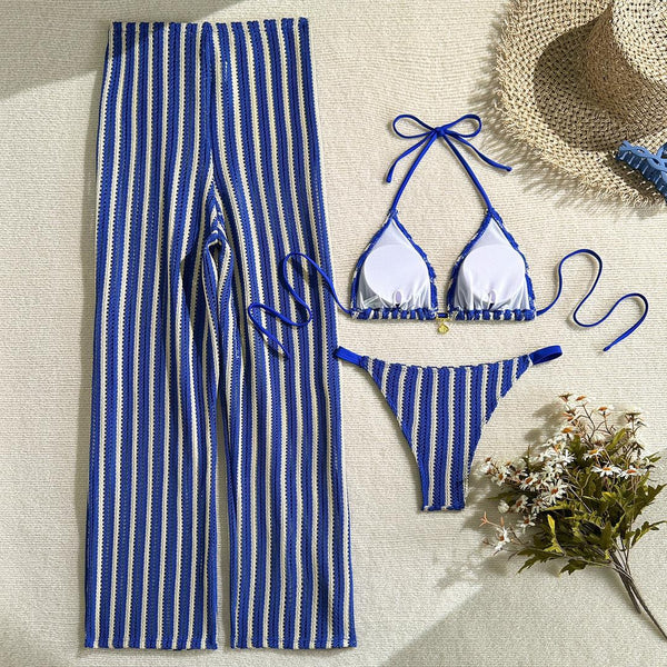 Blue Stripes Halter Bikini Set With Beach Pants