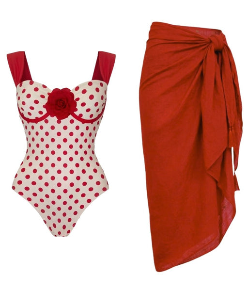 Red Polka Dots Underwire One Piece Swimsuit With Sarong
