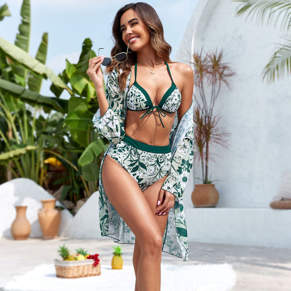 Tropical Print High Waist Bikini with Kimono Three Piece Set Green