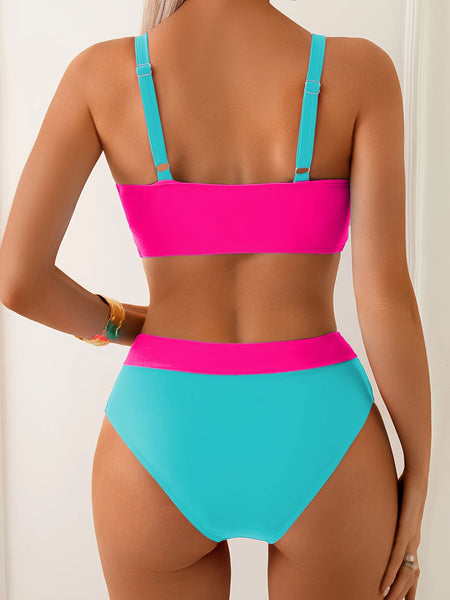 Multicolor Colorblock High Waisted Bikini Set