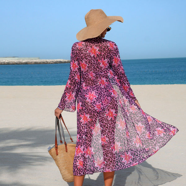 Pink Animal Print Halter Bikini Set With Long Sleeve Shrug Cover Up