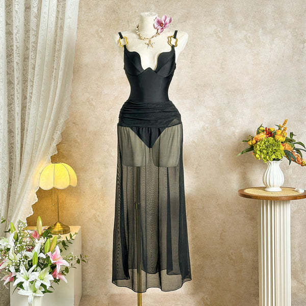 Black Solid Deep V One Piece Swimsuit Beach Skirt