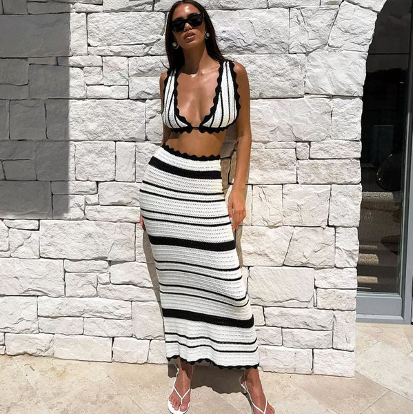 Solid Crochet Shoulder Strap Backless Two Piece Sets Black
