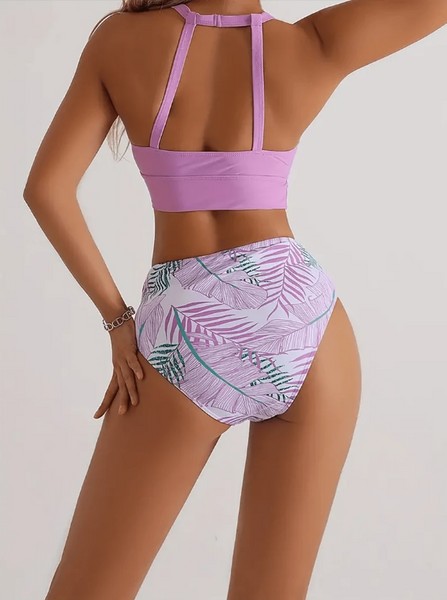 Purple Tropical Print Bikini Swimsuit