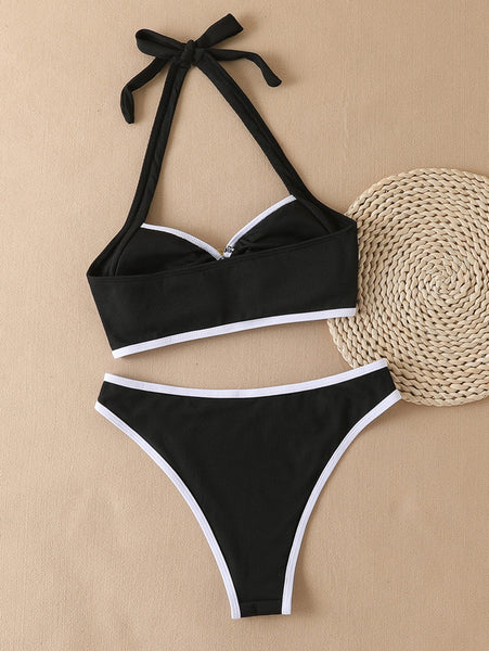 Black Solid Halter Bikini Set
