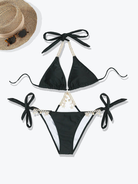 Black Solid Halter Bikini Set