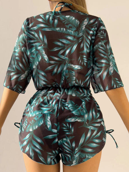 Leaf-print Waist Lace-up Three-Piece Bikini Set Long-sleeved Swimsuit Dark Green