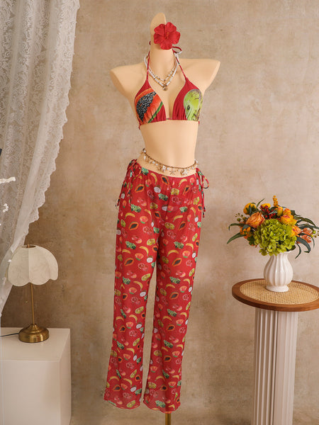Red Fruit Print Halter Bikini Set With Beach Pants