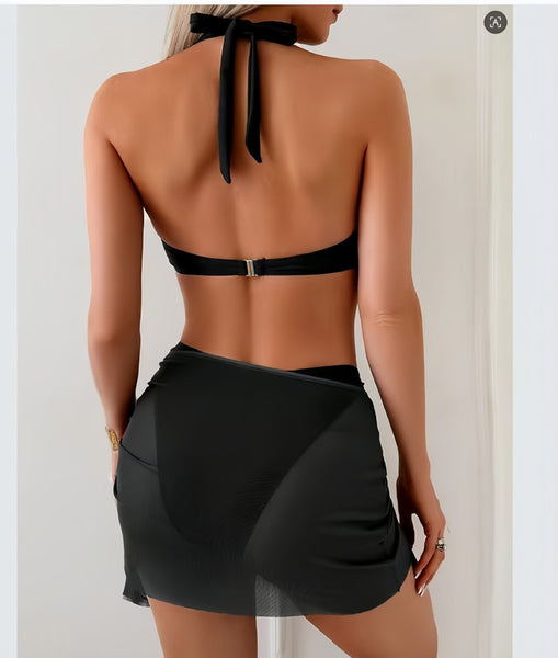 Black Solid Halter Bikini Set With Sarong